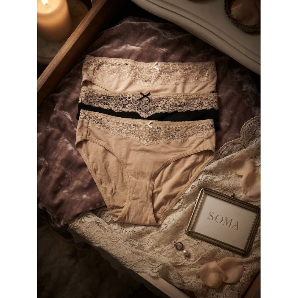 SOMA 3-PACK EMBRACEABLE LACE HIGH LEG PANTIES BLACK/NUDE/TAN SZ S NWT